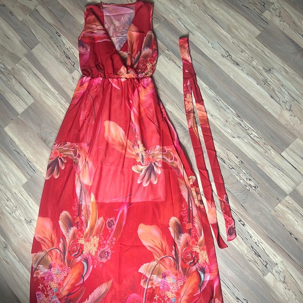 Maxi Dress Elegant Belted Medium Dark Red Chiffon